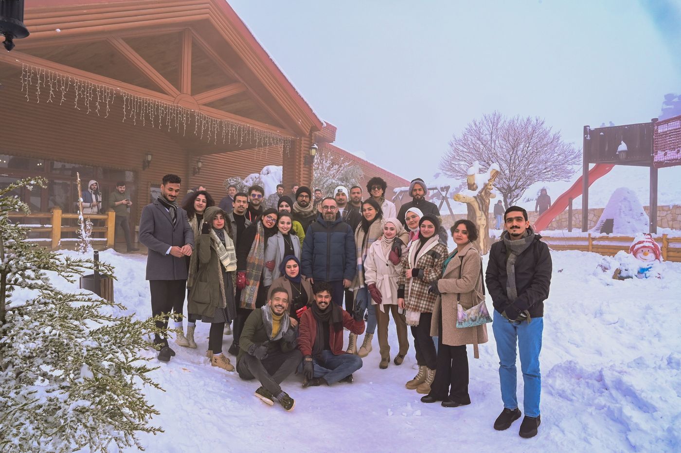 Winter camp group in the snow